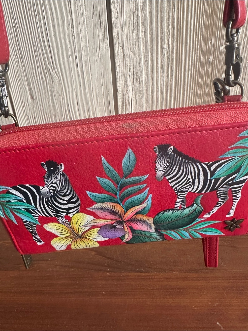 Anuschka Hand Painted Red Zebra & Tropical Floral Crossbody Wristlet Bag - Picture 11 of 16